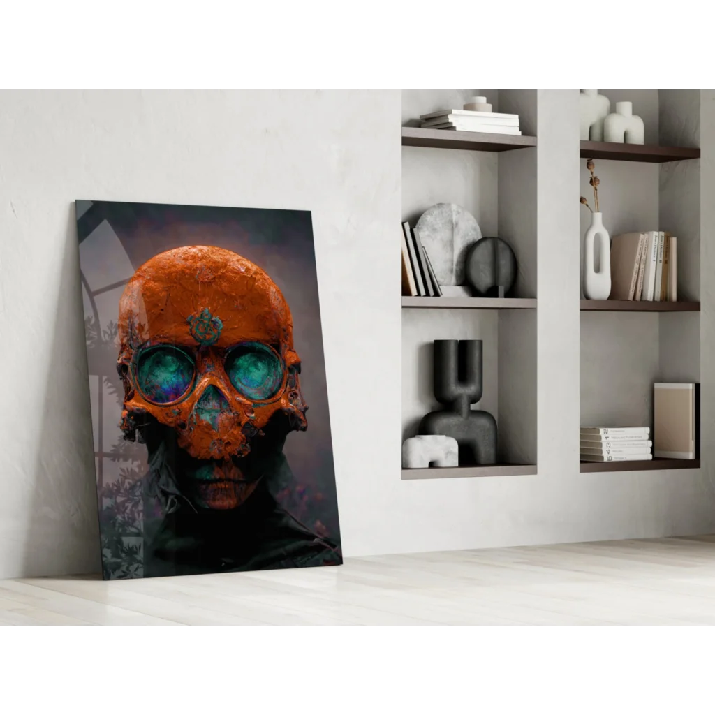 Orange skull glass wall art print with teal goggles and metallic accents