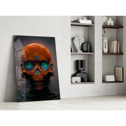 Orange skull glass wall art print with teal goggles and metallic accents