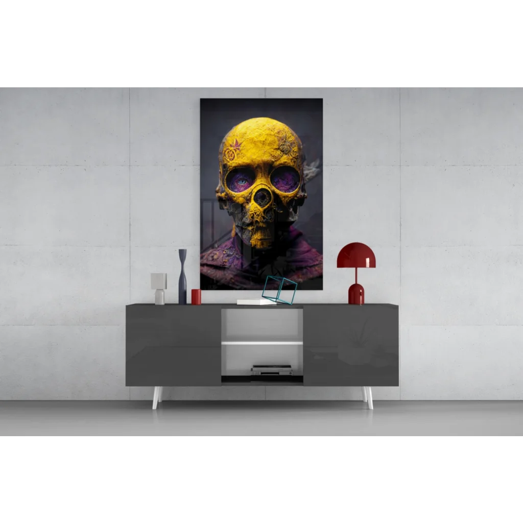 Glowing yellow skull glass wall art with purple floral tattoos