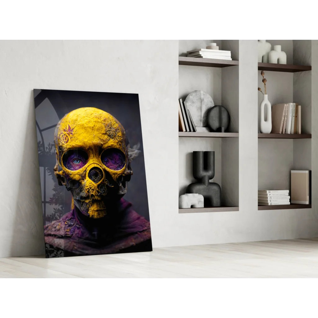 Vibrant yellow skull glass wall art with purple eyes and floral tattoos on canvas