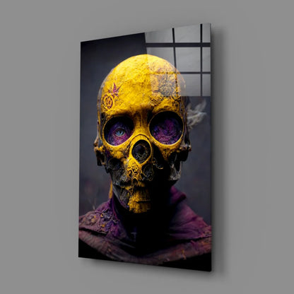Glowing yellow skull glass wall art with purple tattoo design