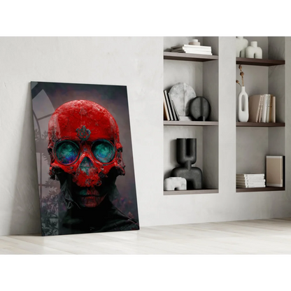 Glowing red skull glass wall art with blue eyes on dark textured background