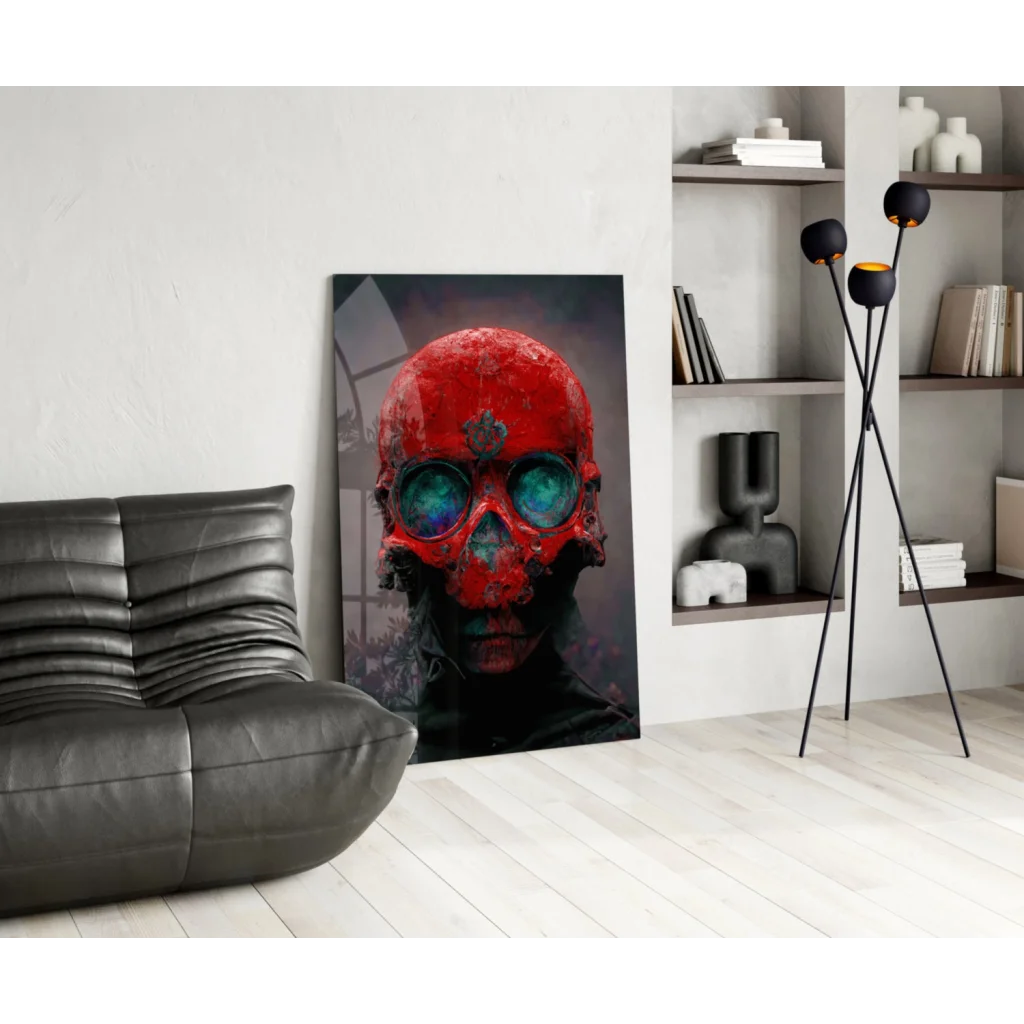 Glowing red skull glass wall art with blue eyes on white wall