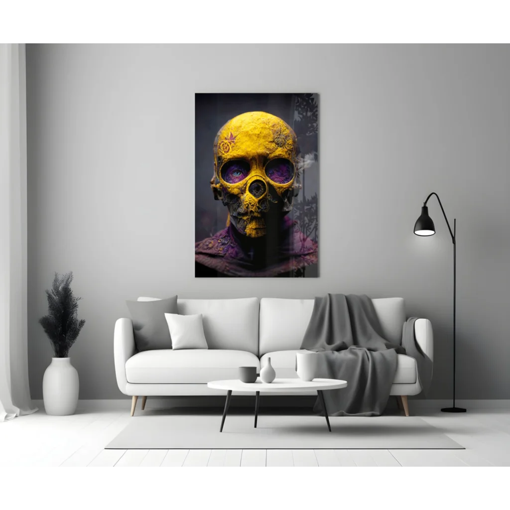 Vibrant yellow skull glass wall art with purple tattoo eyes