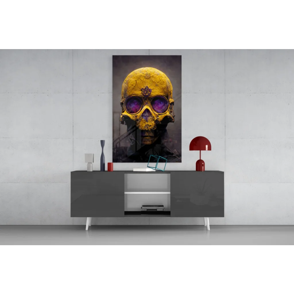 Cosmic Golden Skull glass wall art with galaxy purple eyes