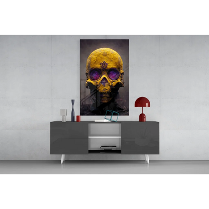 Cosmic Golden Skull glass wall art with galaxy purple eyes
