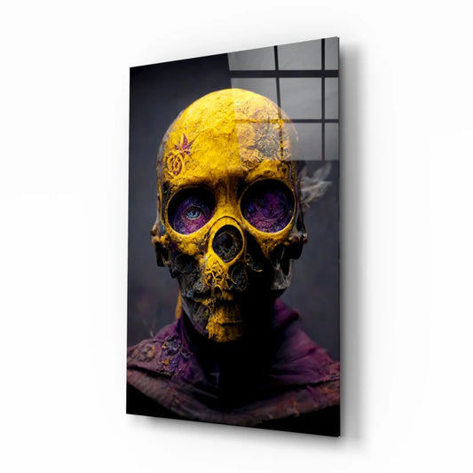 Glowing yellow skull glass wall art with purple tattoo design