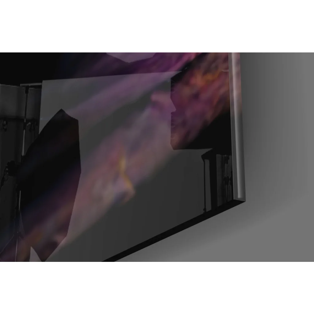 Glowing yellow skull glass wall art with purple tattoo on vibrant TV display