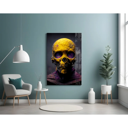 Vibrant yellow skull glass wall art with purple tattoo design