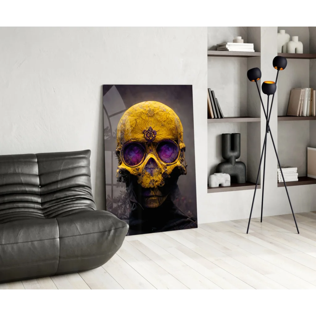 Cosmic golden skull glass wall art with galaxy eyes and purple glow