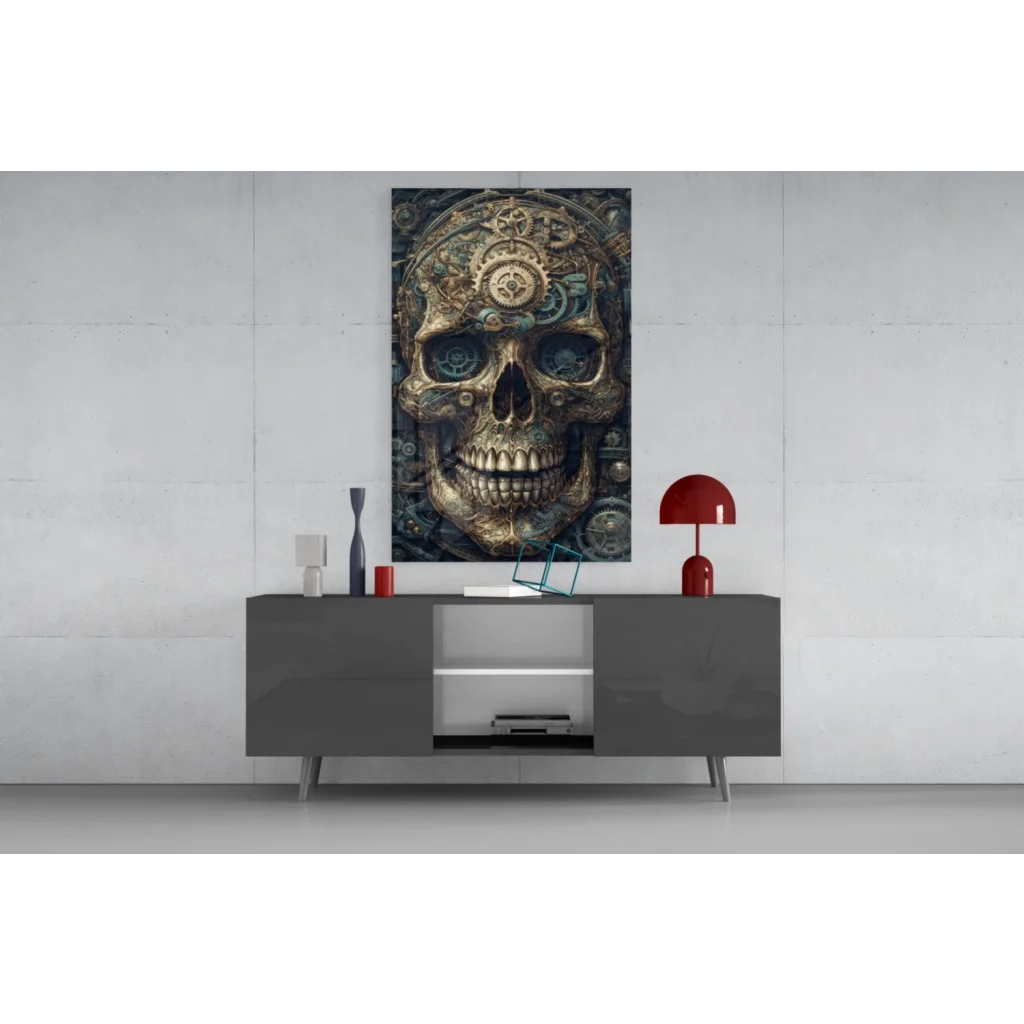 Steampunk skull gears canvas wall art print with golden details