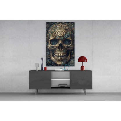 Steampunk skull gears canvas wall art print with golden details