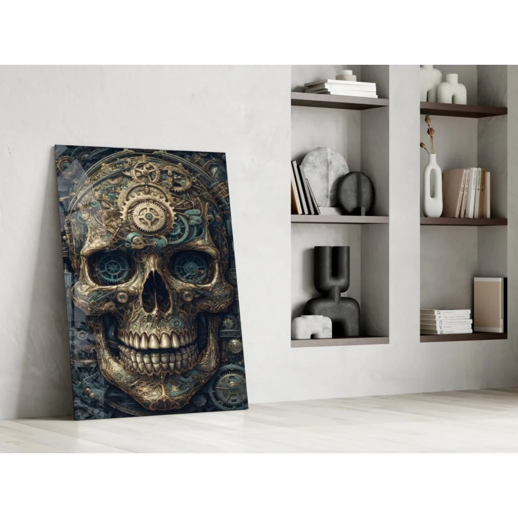 Steampunk skull gears canvas wall art print with golden details