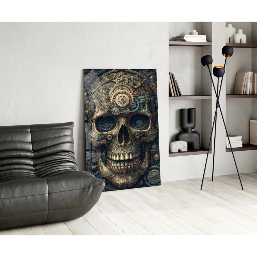 Steampunk skull gears canvas wall art print with brass teal design