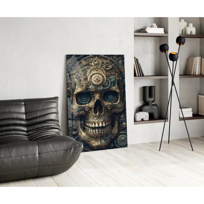Steampunk skull gears canvas wall art print with brass teal design