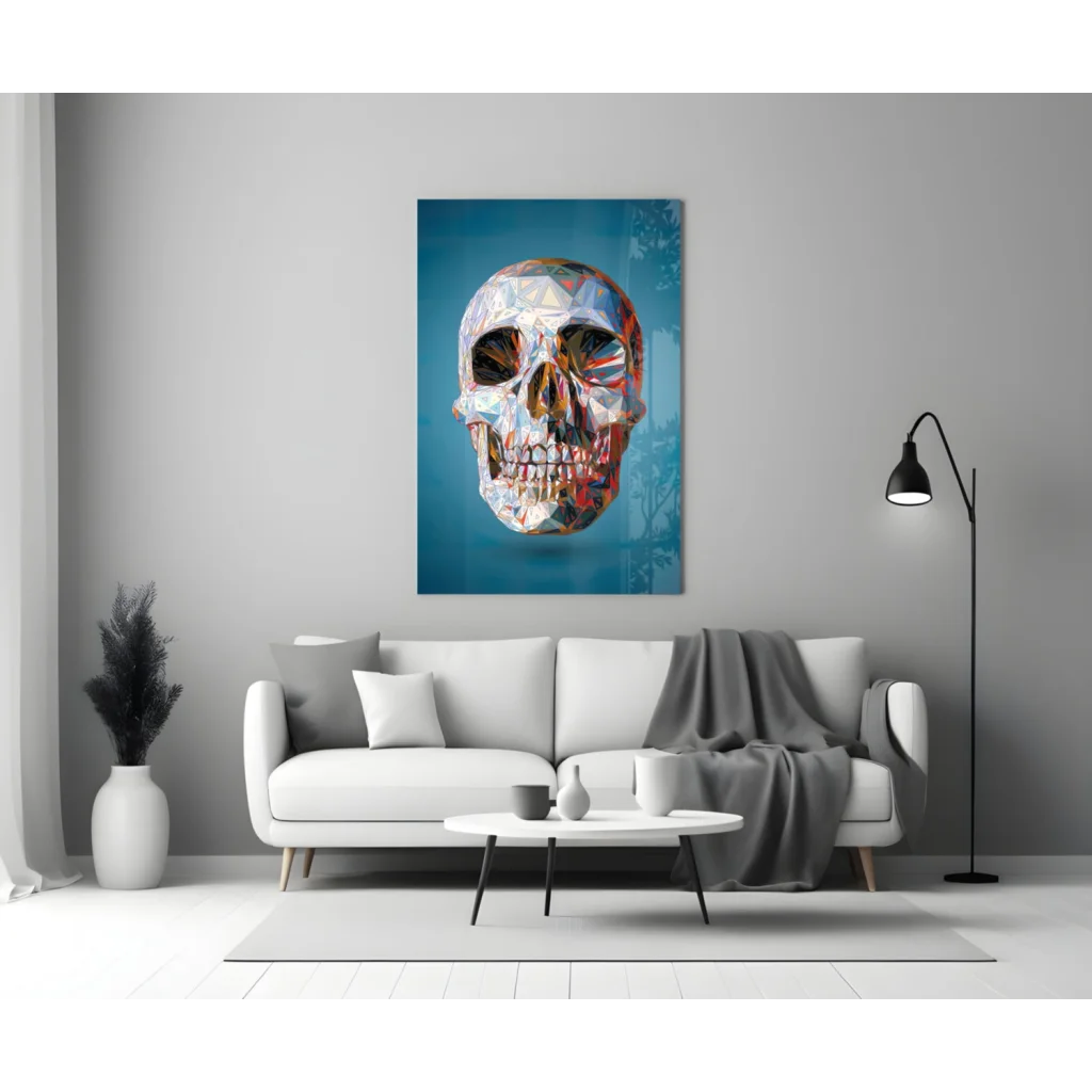 Vibrant geometric skull glass wall art in blue, silver, gold mosaic