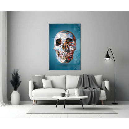 Vibrant geometric skull glass wall art in blue, silver, gold mosaic