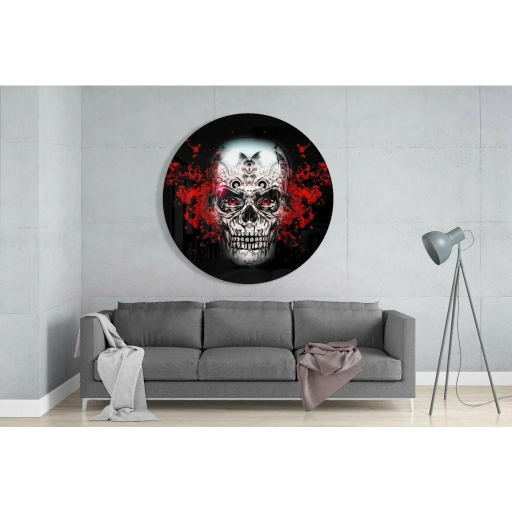Skull Gears Tempered Glass Art with Size Comparison Guide | Glass Wall Art Print | vintageantiquesgifts.com