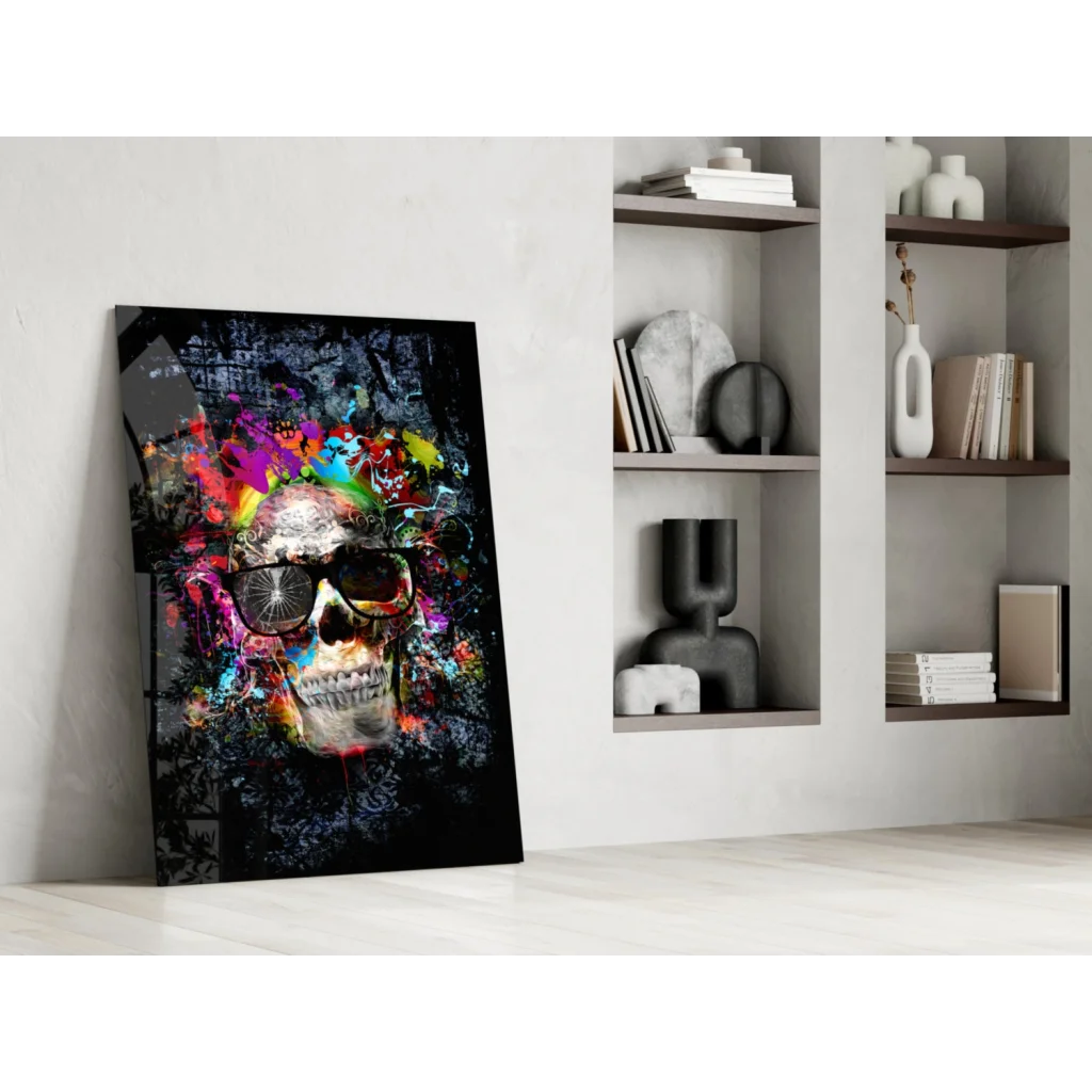 Vibrant neon skull glass wall art with graffiti splashes and sunglasses