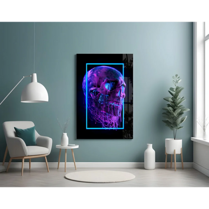 Neon skull glass wall art with glowing purple blue cyberpunk design
