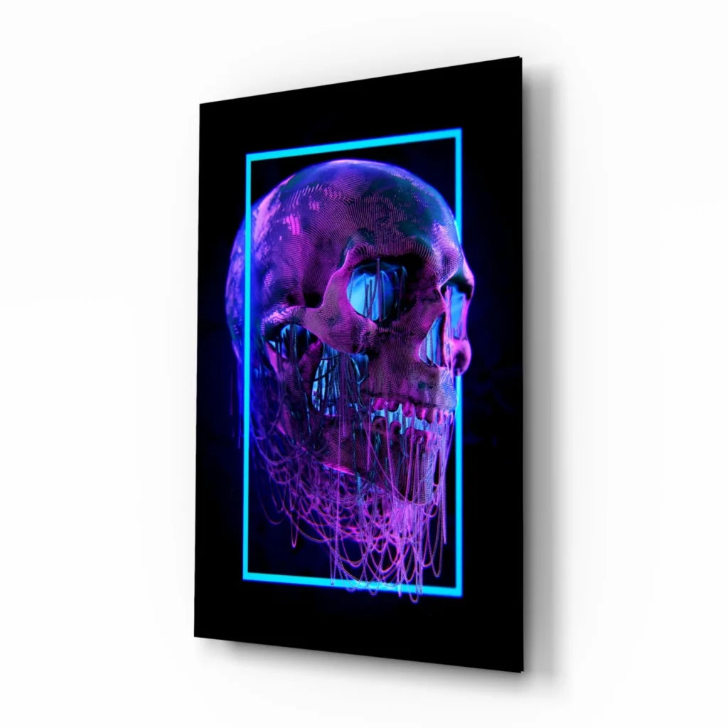 Glowing neon skull glass wall art in purple blue cyberpunk glitch design