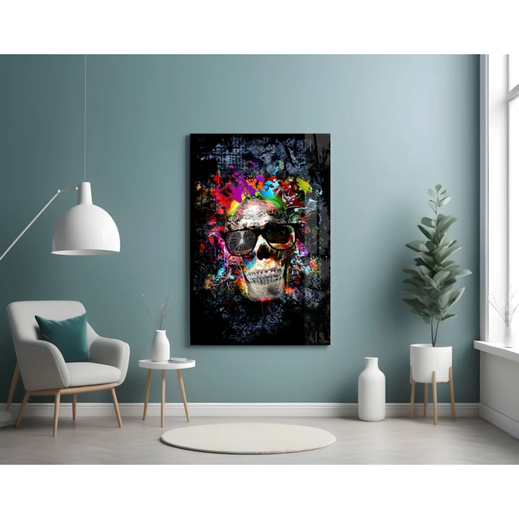 Vibrant neon skull glass wall art with explosive rainbow splashes