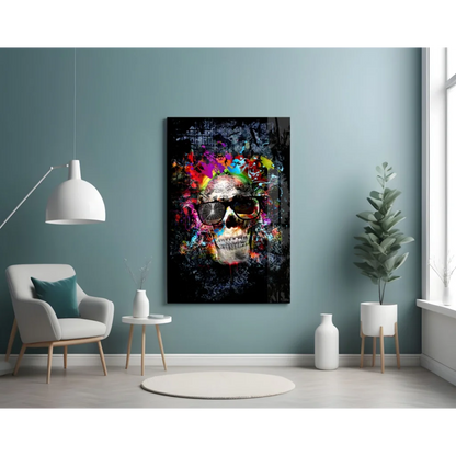 Vibrant neon skull glass wall art with explosive rainbow splashes