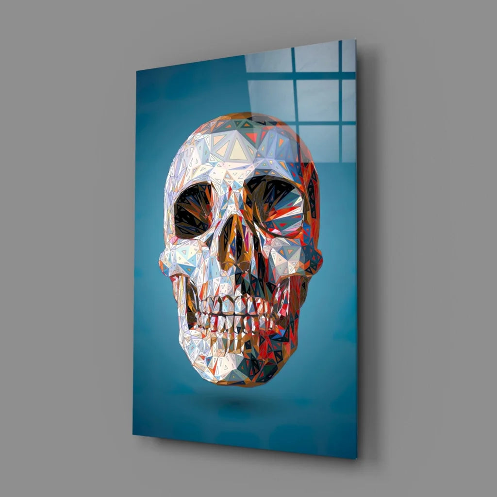 Geometric skull glass wall art in blue and gold