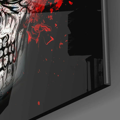 Dark gray framed Skull Glass Wall Art with mechanical gears and red splatter