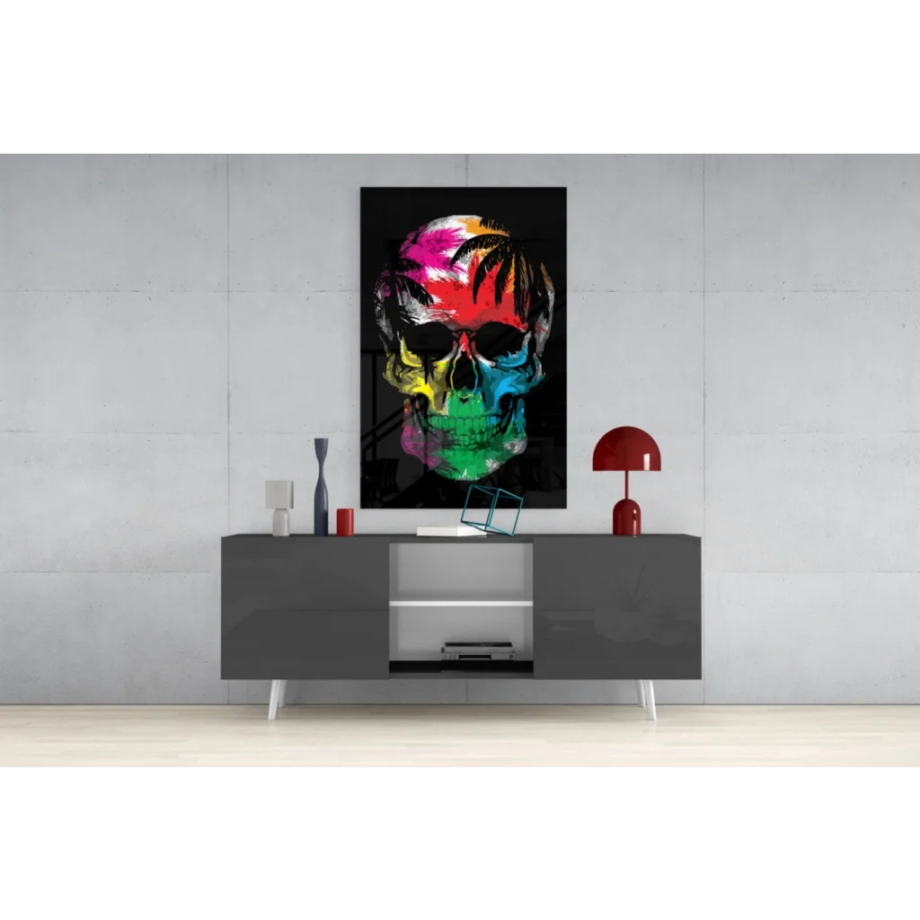 Vibrant multicolored skull glass wall art with tropical palm fronds