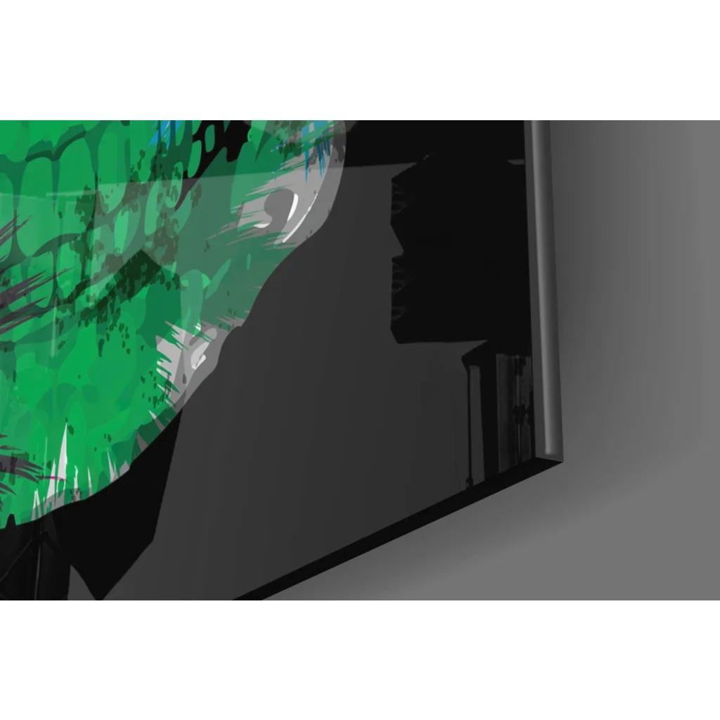 Sleek black-framed glass wall art print with vibrant green abstract graphic