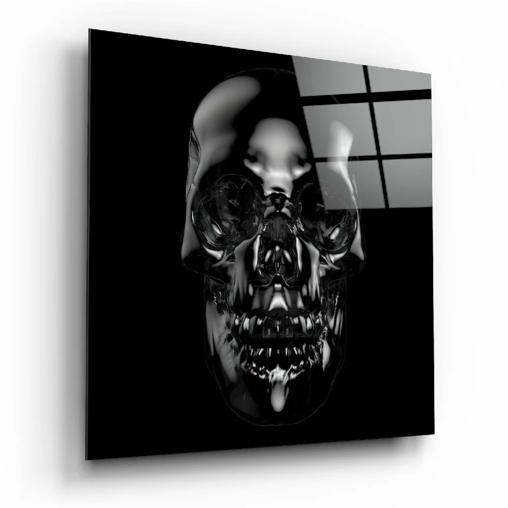 Glossy black skull glass wall art panel on acrylic
