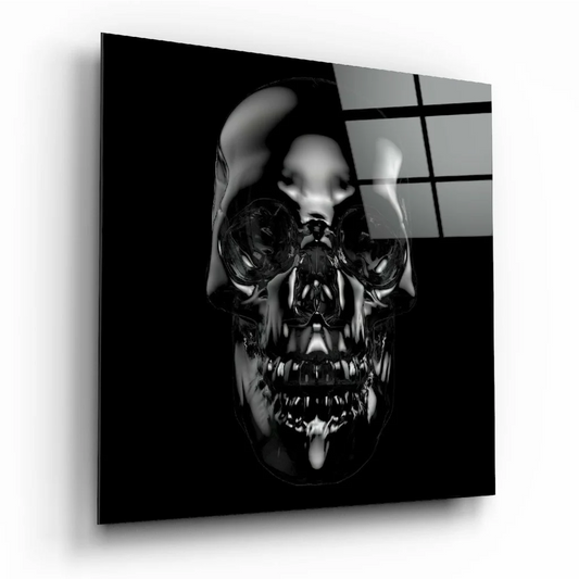 Glossy black skull glass wall art panel on acrylic