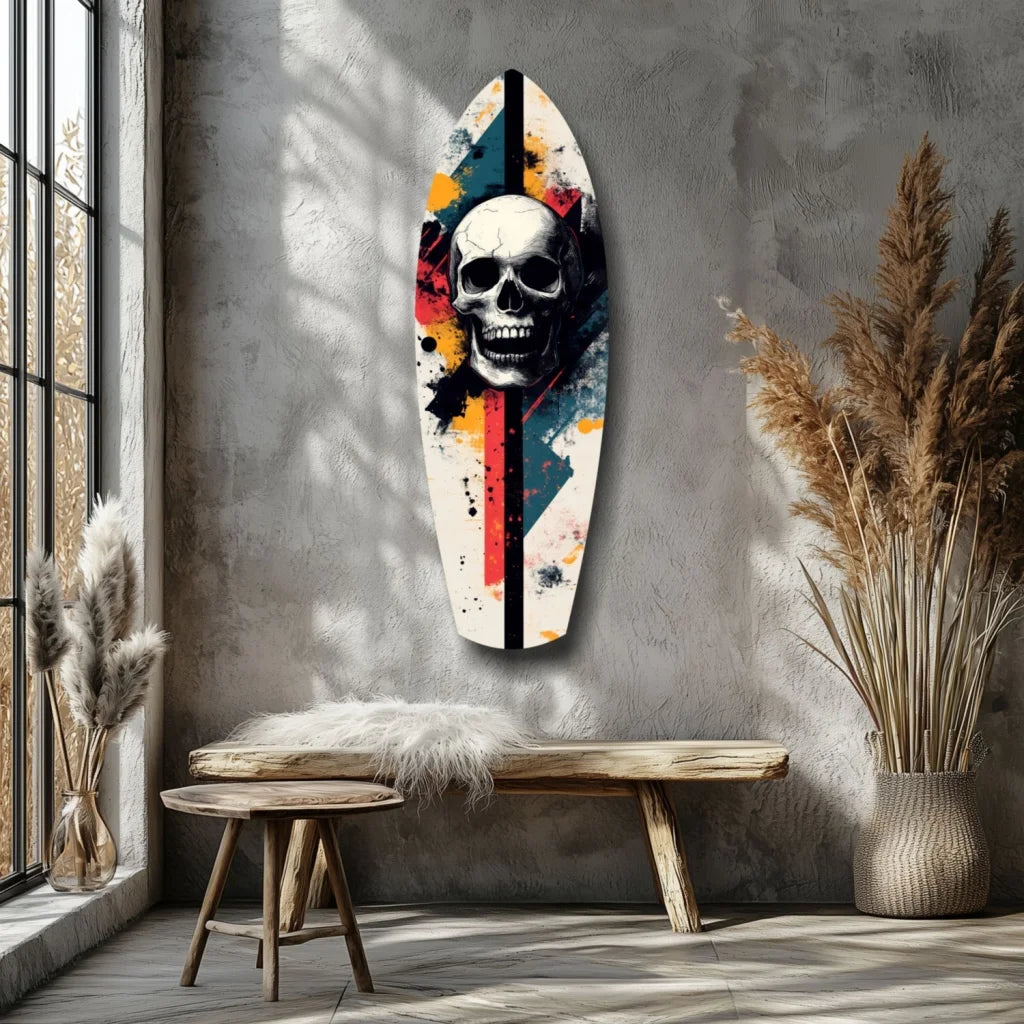 Vibrant skull surfboard tempered glass art with red, orange, teal splashes