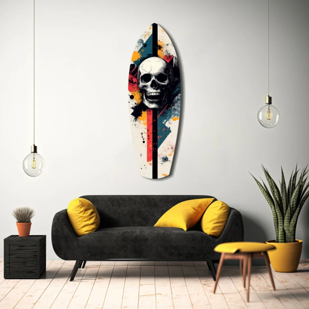 Vibrant Skull Surfboard Tempered Glass Art with bold paint splashes