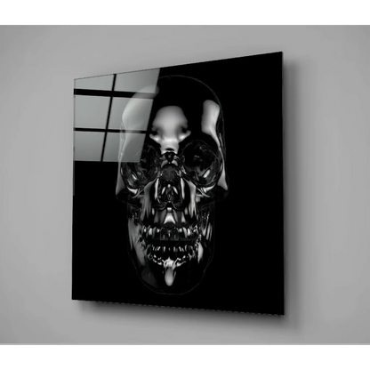Glossy black skull glass wall art panel mounted on wall