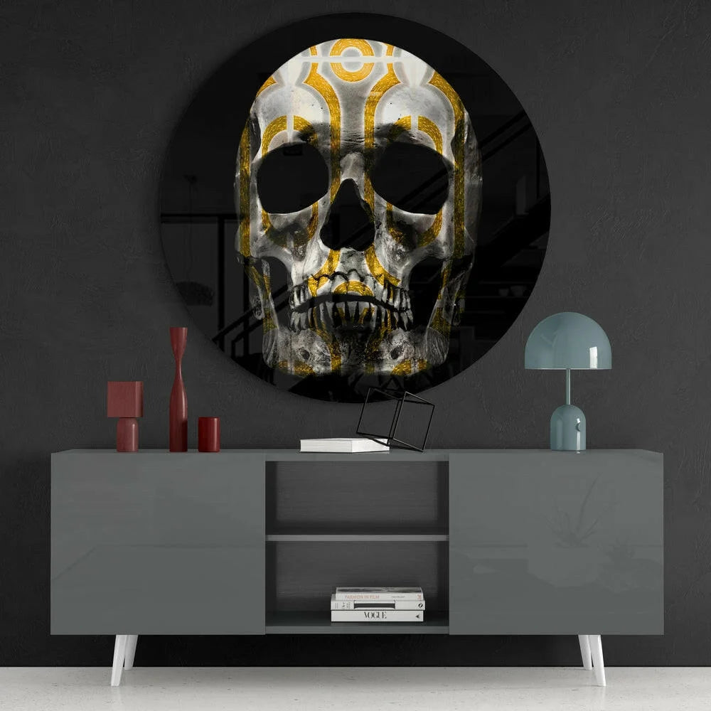 Geometric Skull Tempered Glass Art with Gold Patterns | Contemporary Home Wall Art | vintageantiquesgifts.com