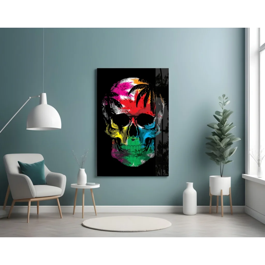 Vibrant rainbow skull glass wall art with palm trees on black