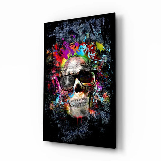 Vibrant graffiti skull in neon glasses on glass wall art with color splashes