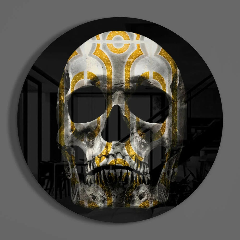 Geometric Skull Tempered Glass Art with Gold Patterns | Modern Wall Art Decor | vintageantiquesgifts.com