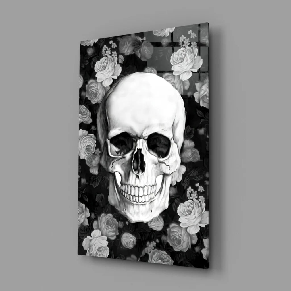 Stunning black-and-white floral skull glass wall art on acrylic panel