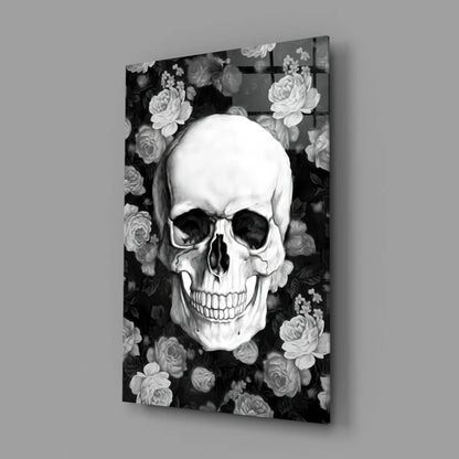 Stunning black-and-white floral skull glass wall art on acrylic panel