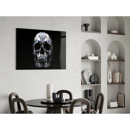 Striking black-and-white skull wall art with blue geometric patterns
