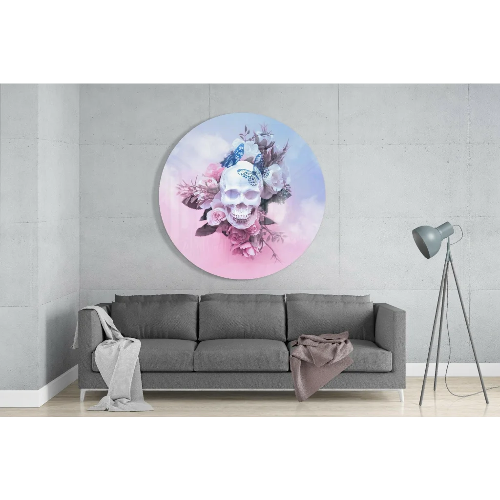 Butterfly Skull Tempered Glass Art with Pink Roses | Glass Wall Art Print | vintageantiquesgifts.com