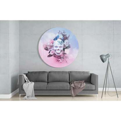 Butterfly Skull Tempered Glass Art with Pink Roses | Glass Wall Art Print | vintageantiquesgifts.com