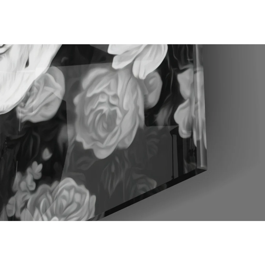 Stunning black-and-white floral skull glass wall art with rose patterns