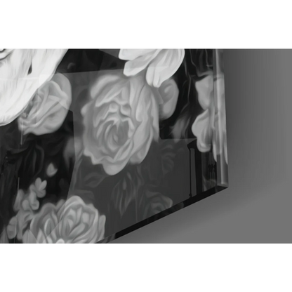Stunning black-and-white floral skull glass wall art with rose patterns