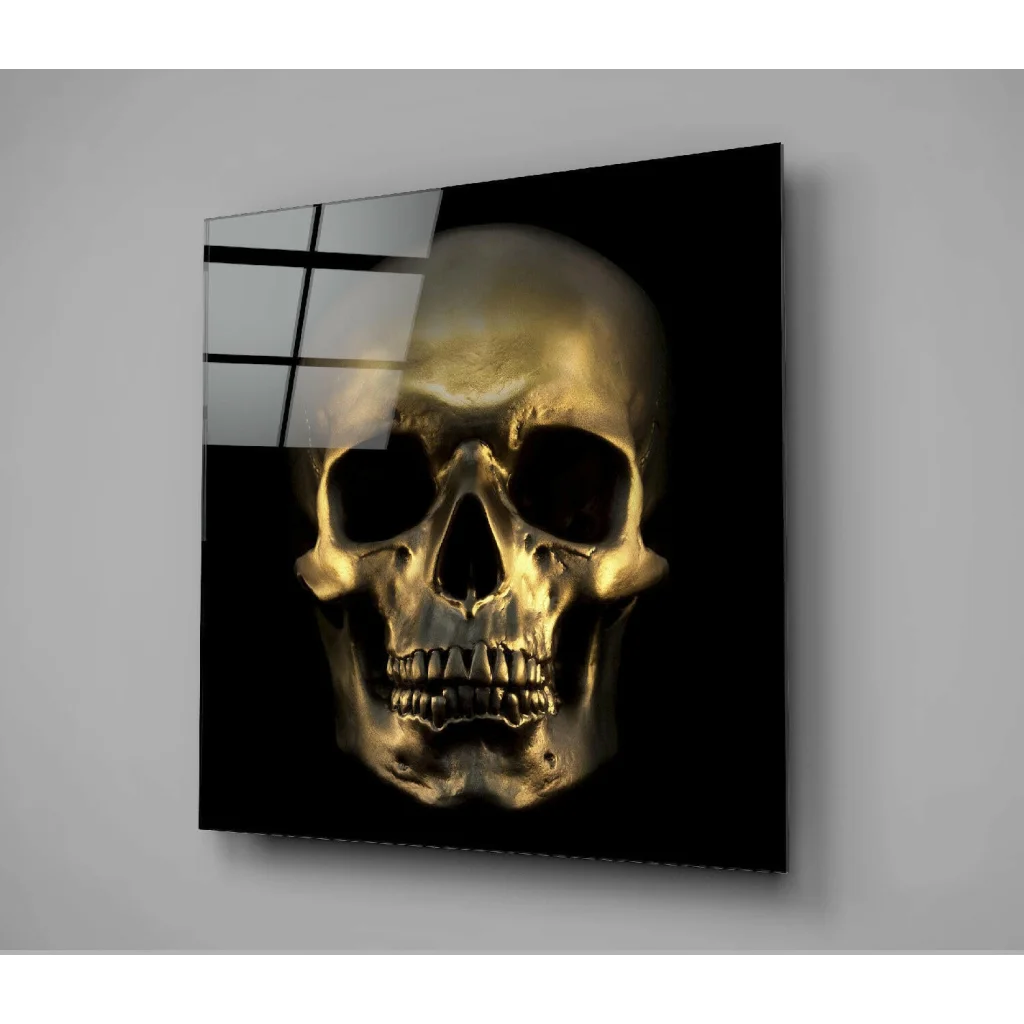 Glossy Gold Skull Glass Wall Art on Black Panel | Modern Wall Art Decor | vintageantiquesgifts.com