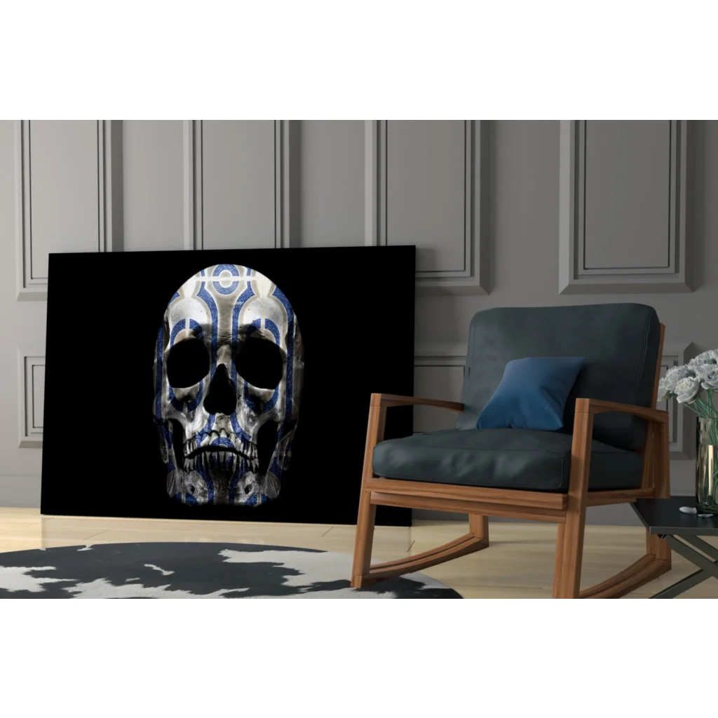 Striking black geometric skull wall art with blue tilework design