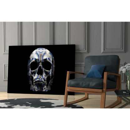 Striking black geometric skull wall art with blue tilework design